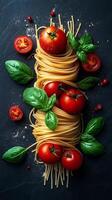 Colorful spaghetti and tomatoes with fresh basil placed stylishly on a black background photo