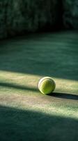 Green tennis ball resting on court surface illuminated by soft sunlight in the afternoon photo