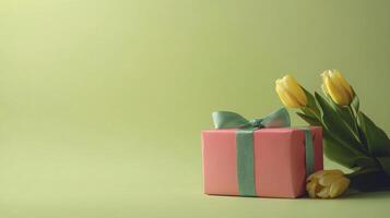 Gift box with green ribbon and yellow tulips on soft green background photo
