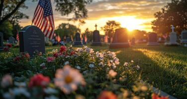 Sunset over peaceful cemetery with flags and flowers during summer evening photo