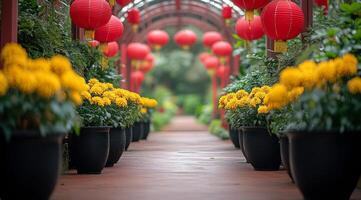 Charming pathway lined with yellow flowers and red lanterns in a serene garden during morning mist photo