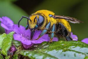 Yellow bee collects nectar from purple flower in lush garden setting photo