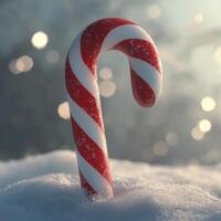 Colorful candy cane stood in white snow with sparkling background during winter season photo