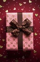 Colorful gift box with a bow on a red surface scattered with heart decorations photo