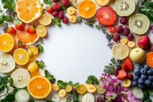 Colorful array of fresh fruits and vegetables arranged artistically on a textured surface photo
