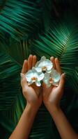 Hands gently holding white orchids against a backdrop of vibrant green palm leaves photo