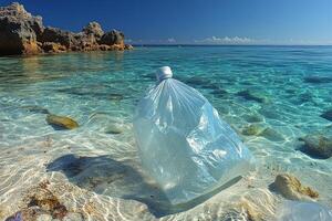 Floating trash bag in calm water reflects environmental concerns about ocean pollution photo
