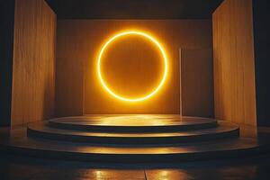 Illuminated stage with circular design at modern theater venue during evening performance setup photo