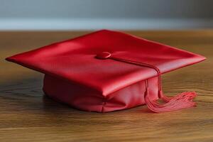 Graduation cap resting on a wooden table near a window with natural light photo