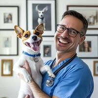 Vet smiles while holding happy dog in clinic during afternoon visit photo