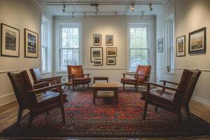 Cozy interior of a contemporary art lounge featuring vintage furniture and eclectic artworks photo