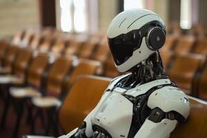 Robot seated in an empty auditorium during a technology conference photo