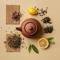 Herbal tea preparation with dried leaves, lemon slices, and fresh herbs on a bamboo mat photo