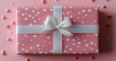 Gift box wrapped in pink paper with heart pattern and white ribbon on a pink background photo