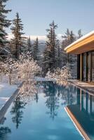Luxurious winter retreat with a serene swimming pool surrounded by snow-covered trees photo