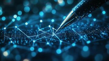 Writing with a futuristic pen on a glowing blue surface with interconnected nodes and lines photo