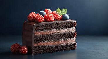 Delicious chocolate cake slice topped with fresh berries ready for dessert photo