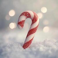 Colorful candy cane stood in white snow with sparkling background during winter season photo