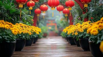 Charming pathway lined with yellow flowers and red lanterns in a serene garden during morning mist photo