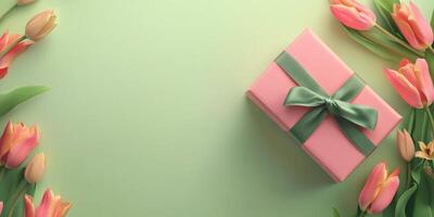 Gift box with green ribbon and pink tulips on a soft green background for special occasions photo