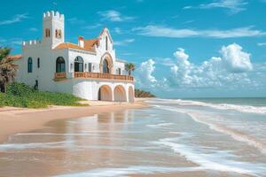 Serene view of white building by the turquoise sea under a clear sky on a sunny day photo