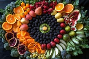 Colorful array of fresh fruits and vegetables arranged artistically on a textured surface photo