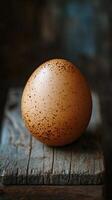 Unique speckled egg resting on a rustic wooden surface in soft natural light photo