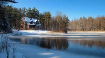 Beautiful winter landscape with a cozy house by a frozen lake surrounded by trees photo