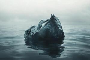 Floating trash bag in calm water reflects environmental concerns about ocean pollution photo