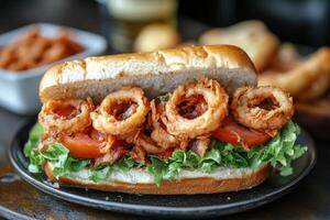 Crispy onion ring sandwich served with lettuce and tomato in a dining setting photo