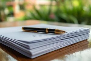 Desk with a stack of blank papers and a pen on a sunny day in a garden setting photo