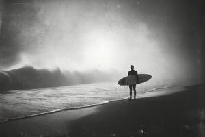 Surfer preparing to ride waves on a sunny day at the beach with vibrant clouds photo