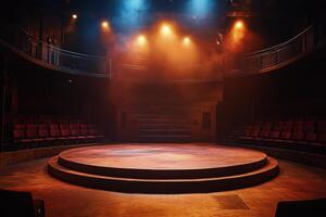 Illuminated stage with circular design at modern theater venue during evening performance setup photo