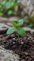 Green plant growing in soil under natural light in a home garden setting in autumn photo