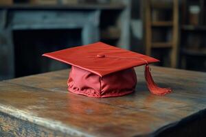 Graduation cap resting on a wooden table near a window with natural light photo