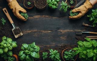 Gardening activity with gloves in a wooden workspace surrounded by plants and tools during daylight photo