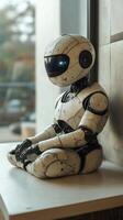 Cute humanoid robot with glowing blue eyes sitting on a table in a modern interior space photo