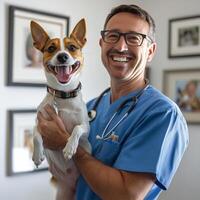 Vet smiles while holding happy dog in clinic during afternoon visit photo
