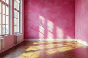 Bright pink interior with wooden floor and sunlight casting shadows in modern space photo
