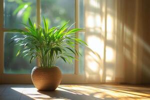 Indoor plant in sunlight with gentle rays illuminating a cozy room ambience photo