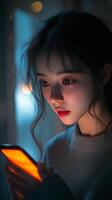 Young woman gazes at phone screen during evening in soft, warm light photo
