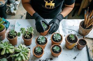 Gardening activity with succulents in a cozy workspace during afternoon hours photo