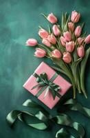 Elegant gift box with pink tulips on green background for special occasions photo