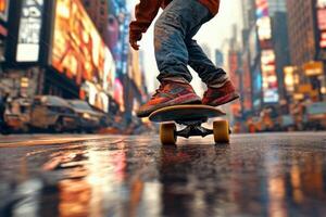 Urban skateboarder cruising through autumn streets on a vibrant afternoon photo