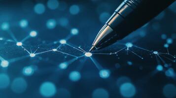Writing with a futuristic pen on a glowing blue surface with interconnected nodes and lines photo