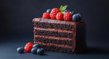 Delicious chocolate cake slice topped with fresh berries ready for dessert photo
