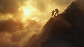 Climber reaches peak at sunset with dramatic clouds illuminating the horizon photo
