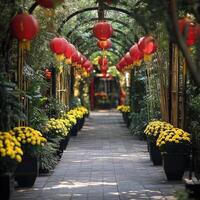 Colorful flower garden pathway with lanterns and vibrant foliage in an inviting atmosphere photo