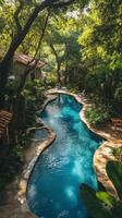 Serene green oasis featuring a tranquil swimming pool surrounded by lush nature photo