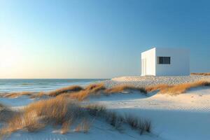 Serene view of white building by the turquoise sea under a clear sky on a sunny day photo